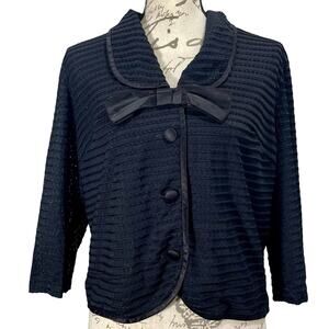 Vintage 1960s Black Satin Textured Knit Cardigan Topper Sweater Womens Large